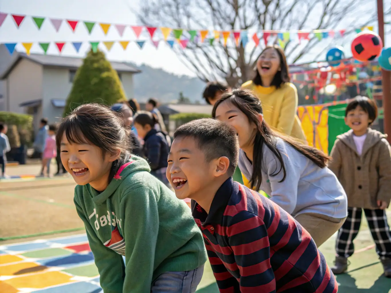 A group of American and Japanese children playing together at a community event in Zushi.