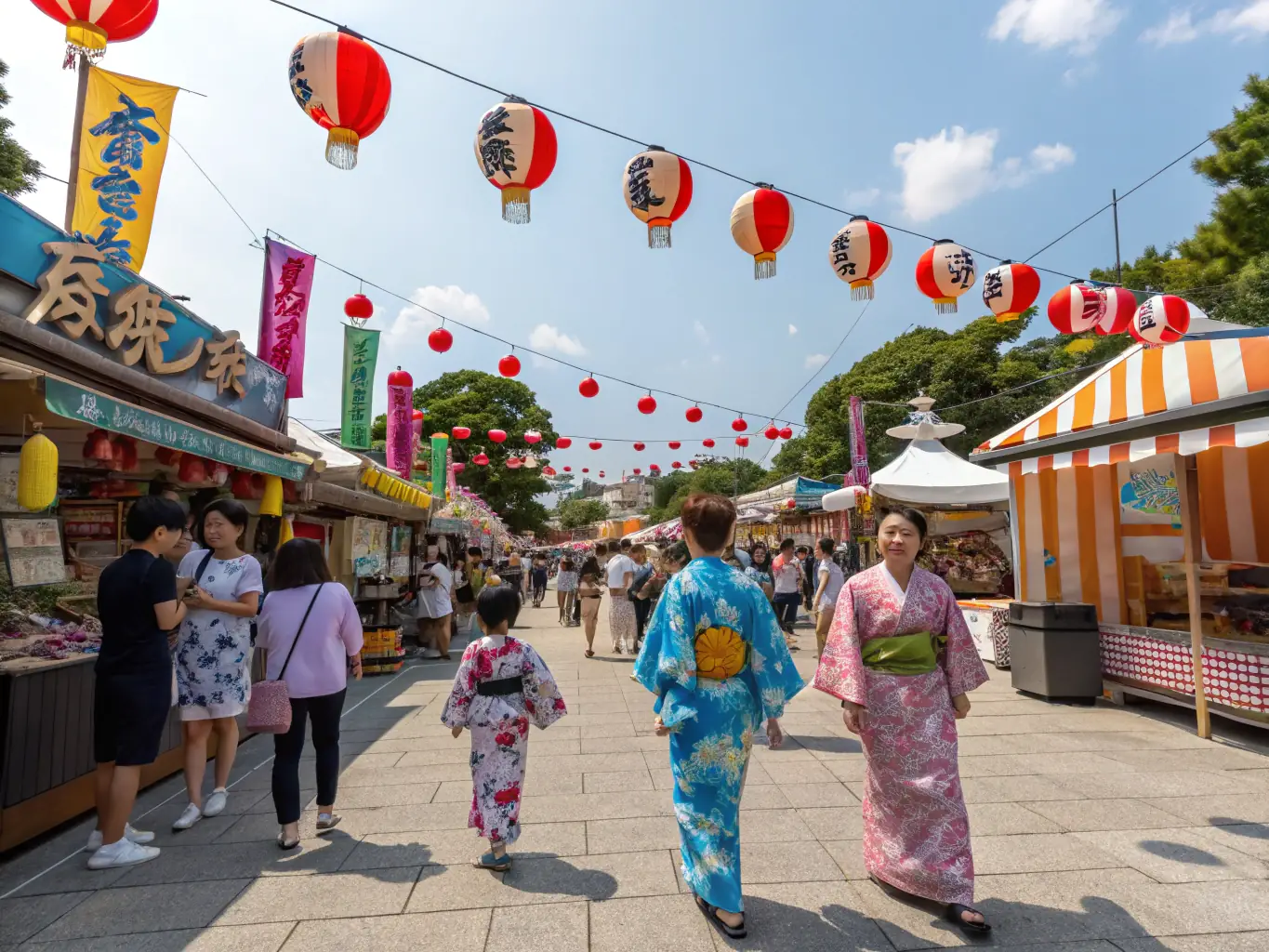 A vibrant summer festival in Yokosuka with people in traditional clothing and colorful decorations.