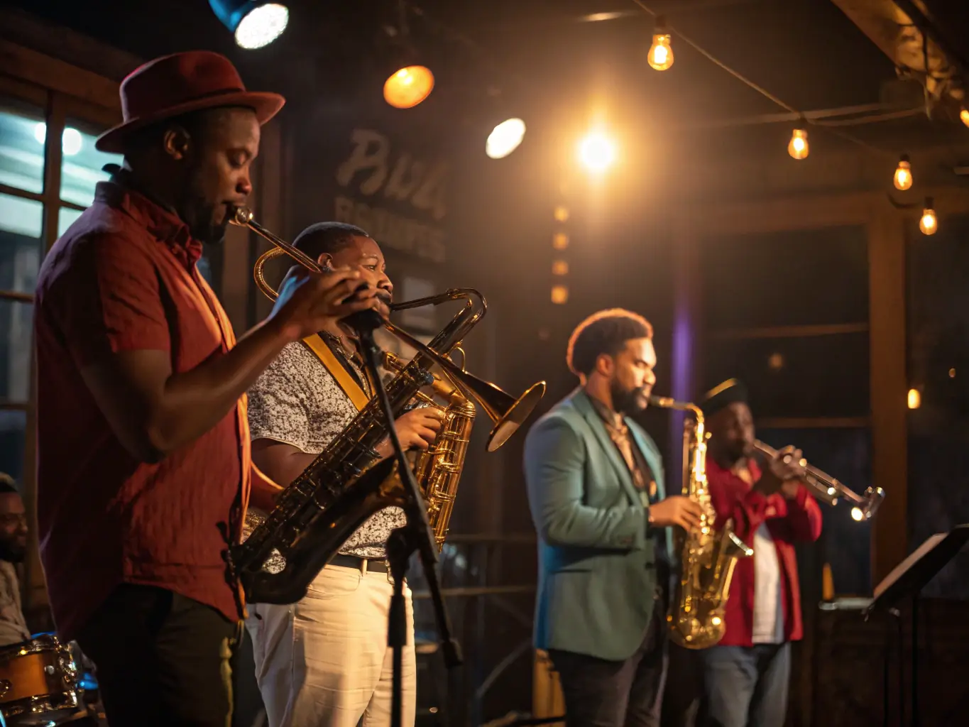 A jazz band performing live at a local venue in Yokosuka, with a diverse audience enjoying the music.