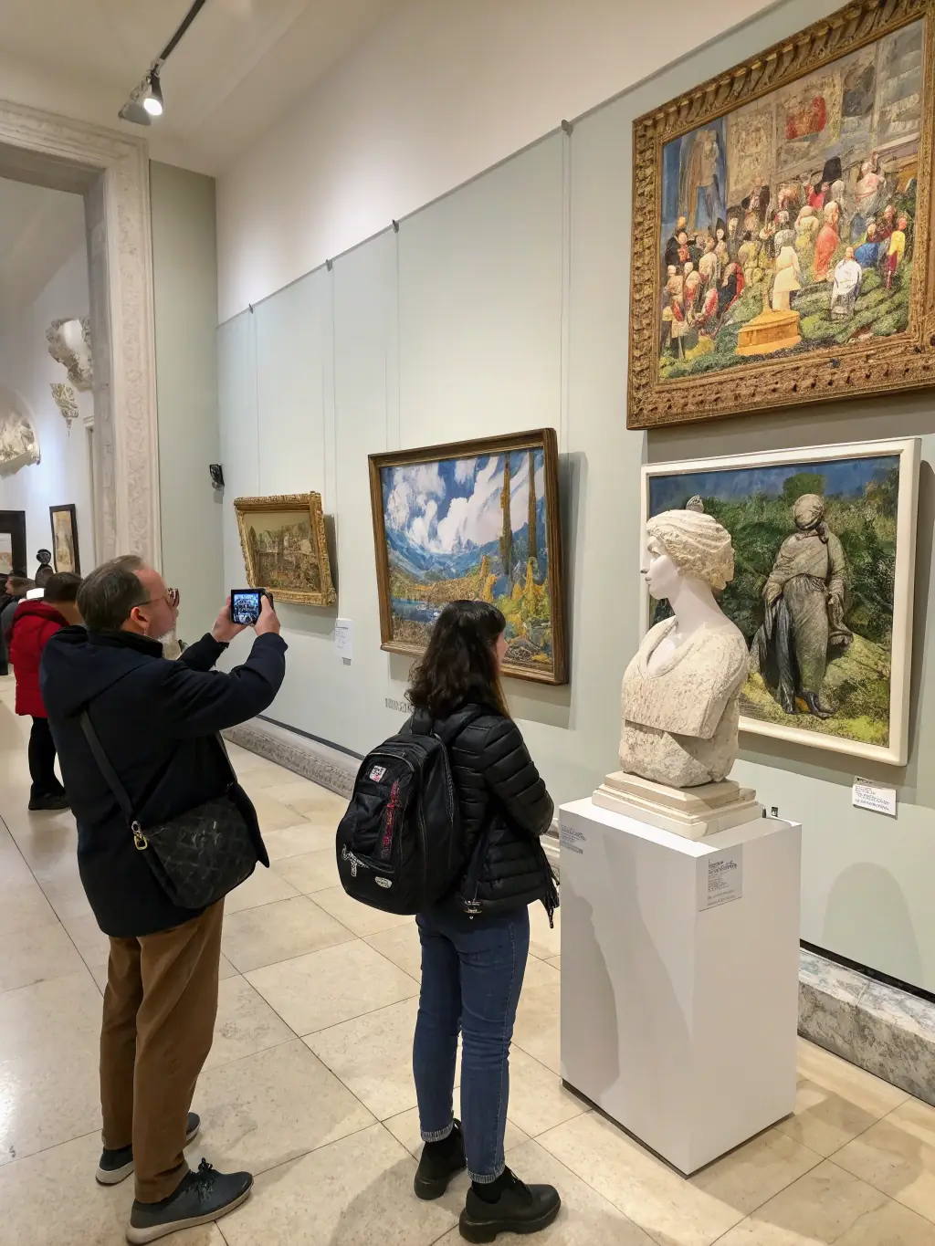 An image of an art gallery showcasing local artists' work in Yokosuka, with people admiring the paintings and sculptures. The image should capture the artistic atmosphere and the creativity of the local art scene.